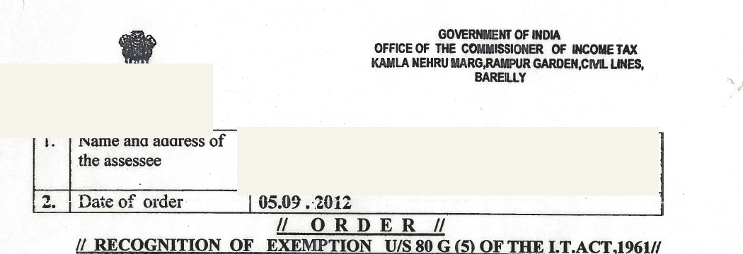 Archival preview of the 80G recognition order dated 5 September 2012
