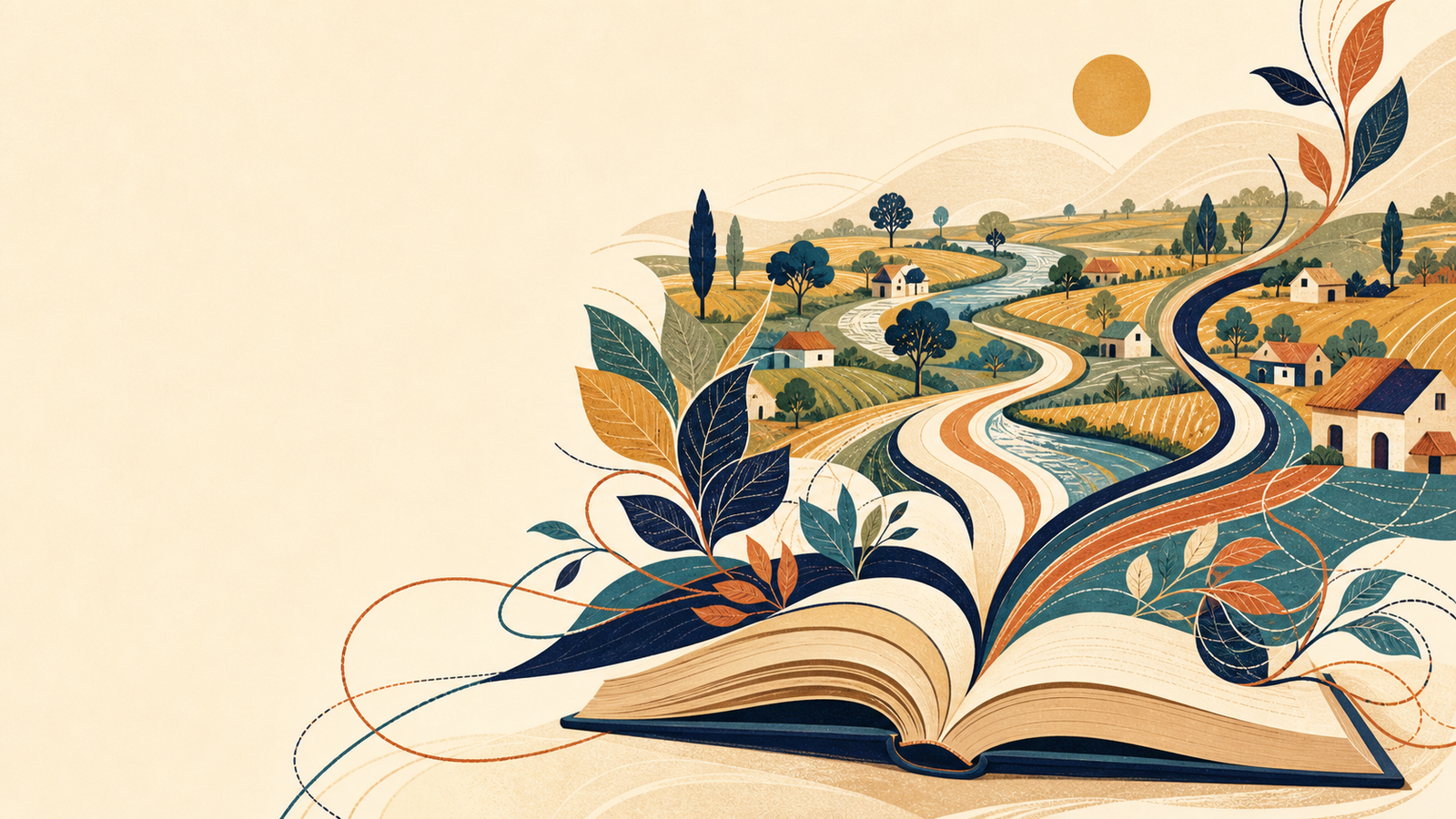 Artwork of a book opening into paths through a rural landscape